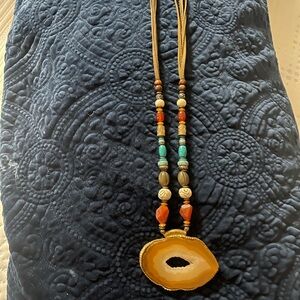 Chico's Tan and Green Beaded Necklace with Pendant